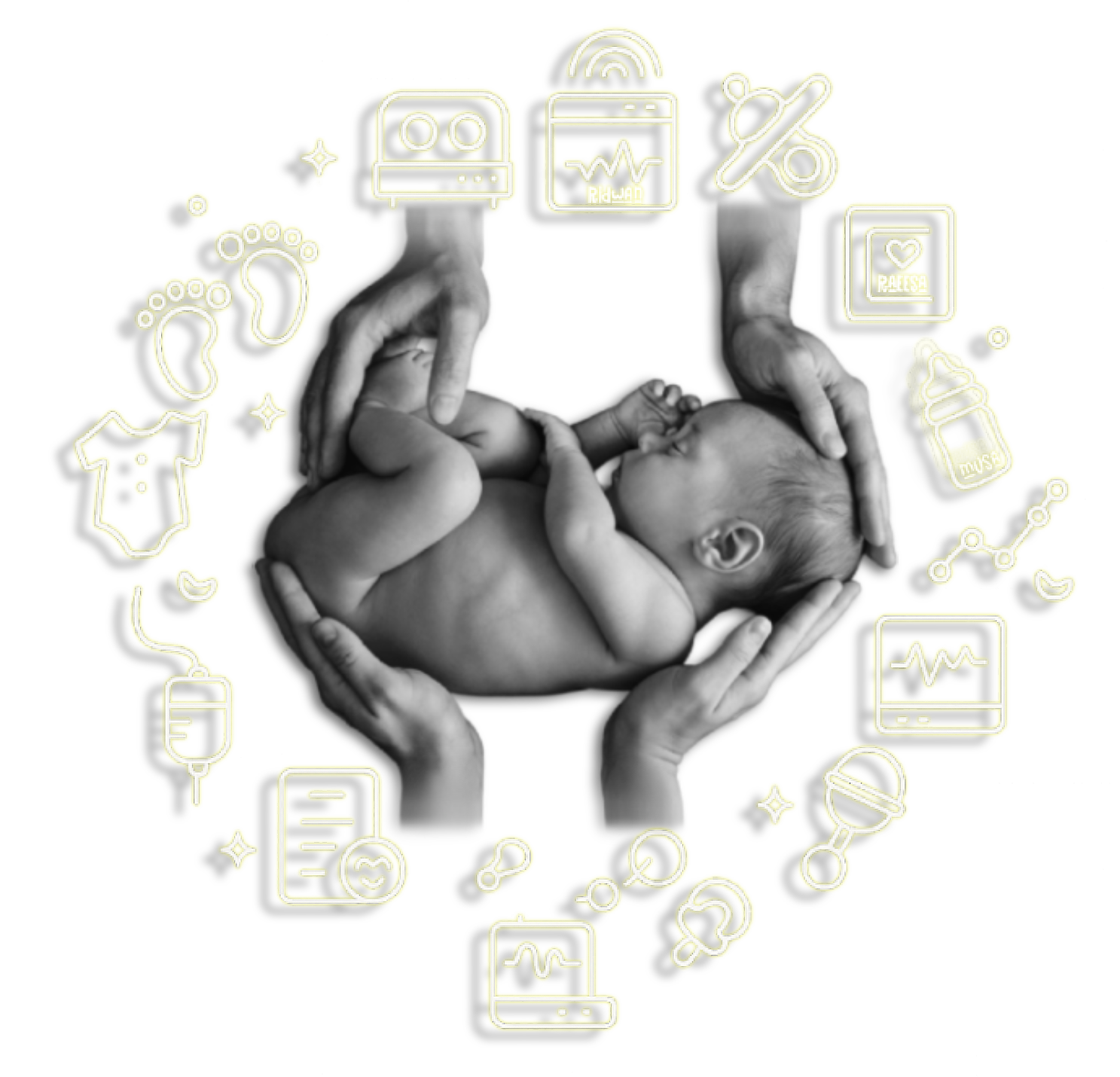 Newborn baby held gently in adult hands, surrounded by icons representing neonatal care, growth tracking and development.