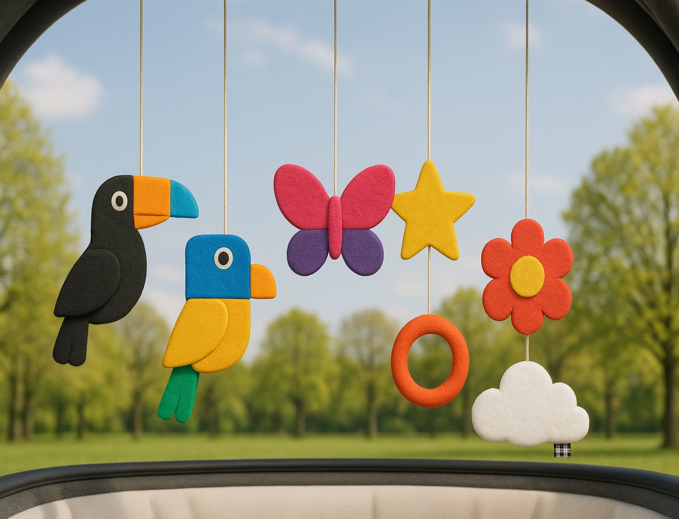Clear, colourful view of hanging toy shapes, representing how an adult sees the same scene.